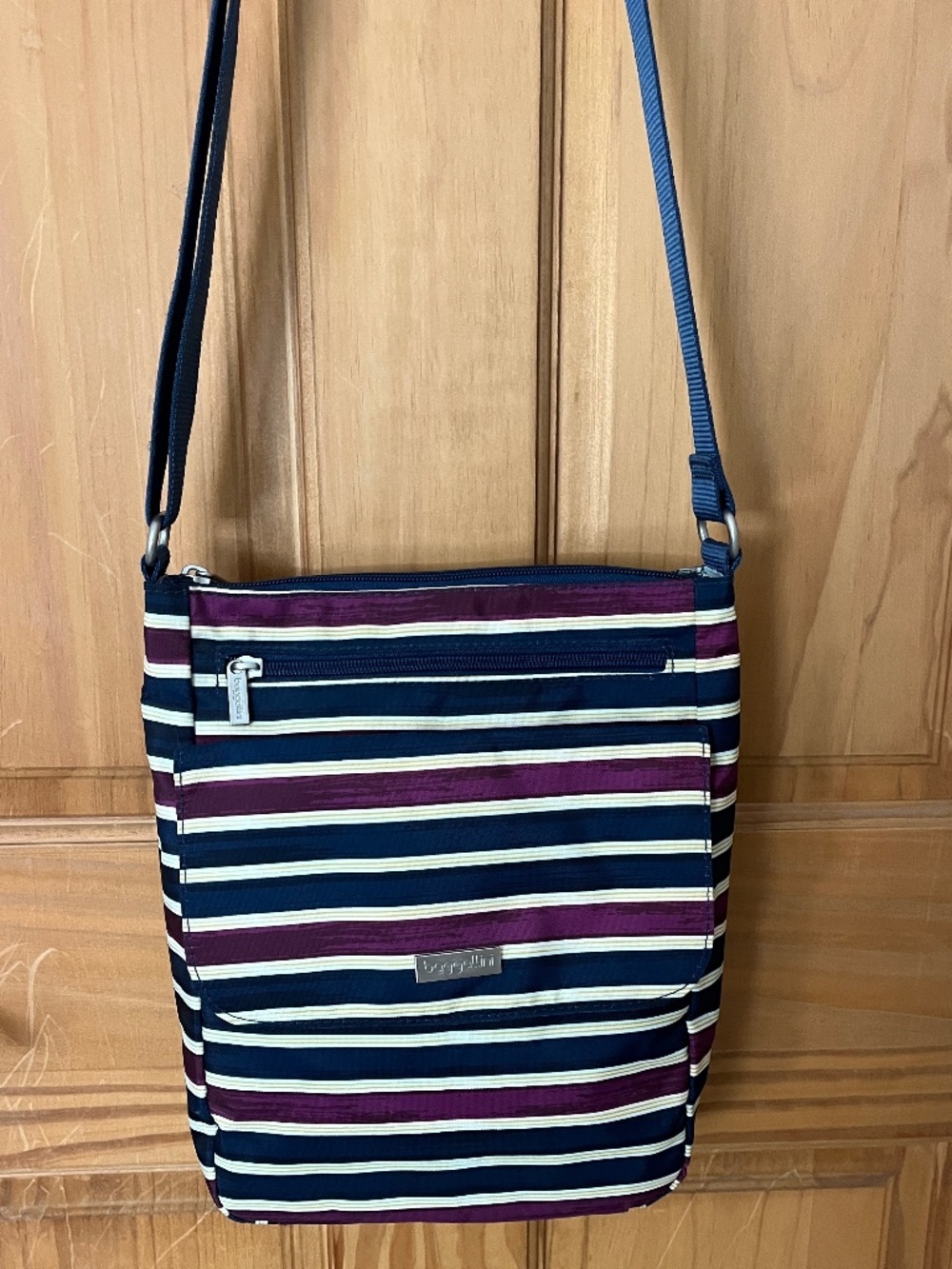 Baggallini Striped Crossbody Bag – Navy, Plum & Gold White